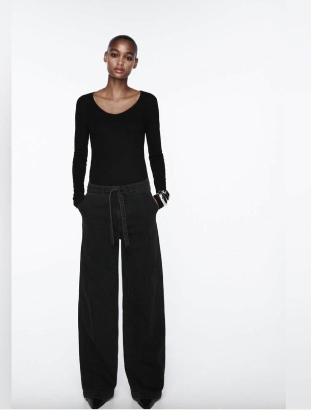 Zara Wide Leg Jeans Women’s Large Black Denim High Rise - Picture 5 of 16